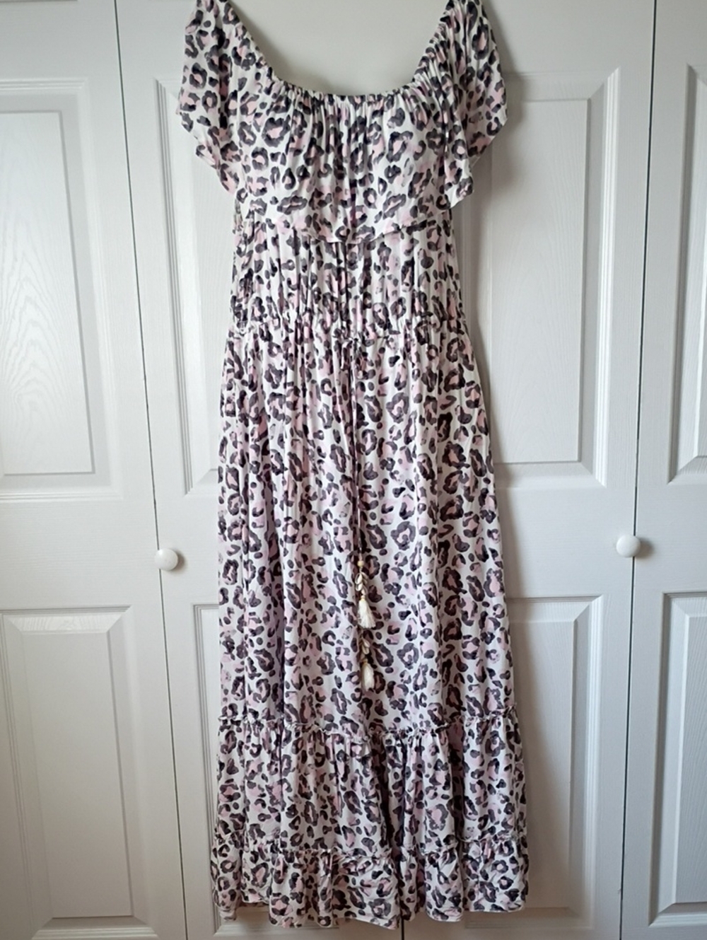 Pink Leopard Print Off-Shoulder Maxi Dress with Ruffle Hem Size 14